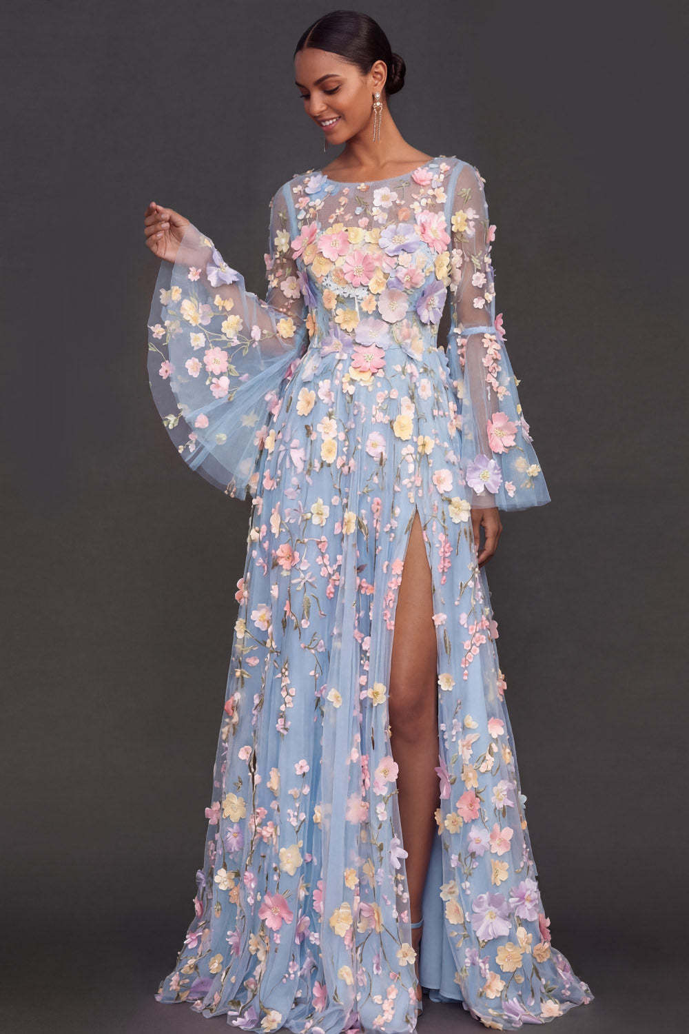 Lilac Floral A Line Appliqued Long Wedding Guest Dress with Slit