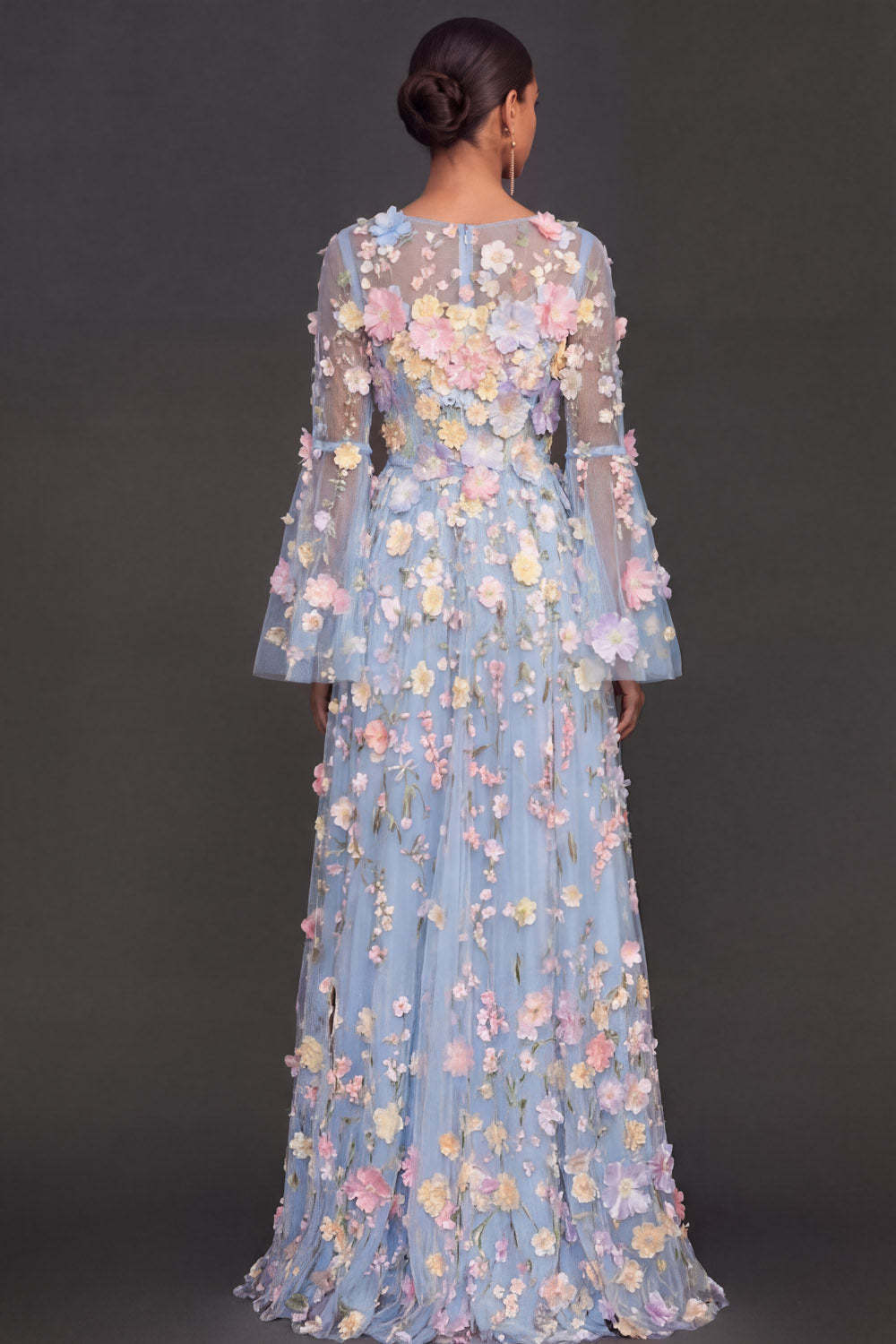 Lilac Floral A Line Appliqued Long Wedding Guest Dress with Slit