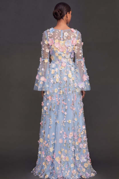 Lilac Floral A Line Appliqued Long Wedding Guest Dress with Slit