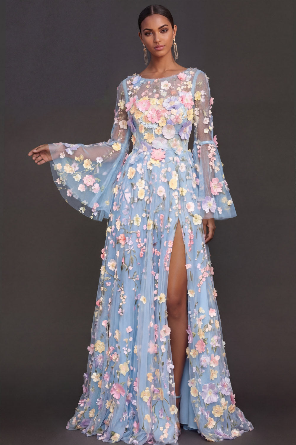 Lilac Floral A Line Appliqued Long Wedding Guest Dress with Slit