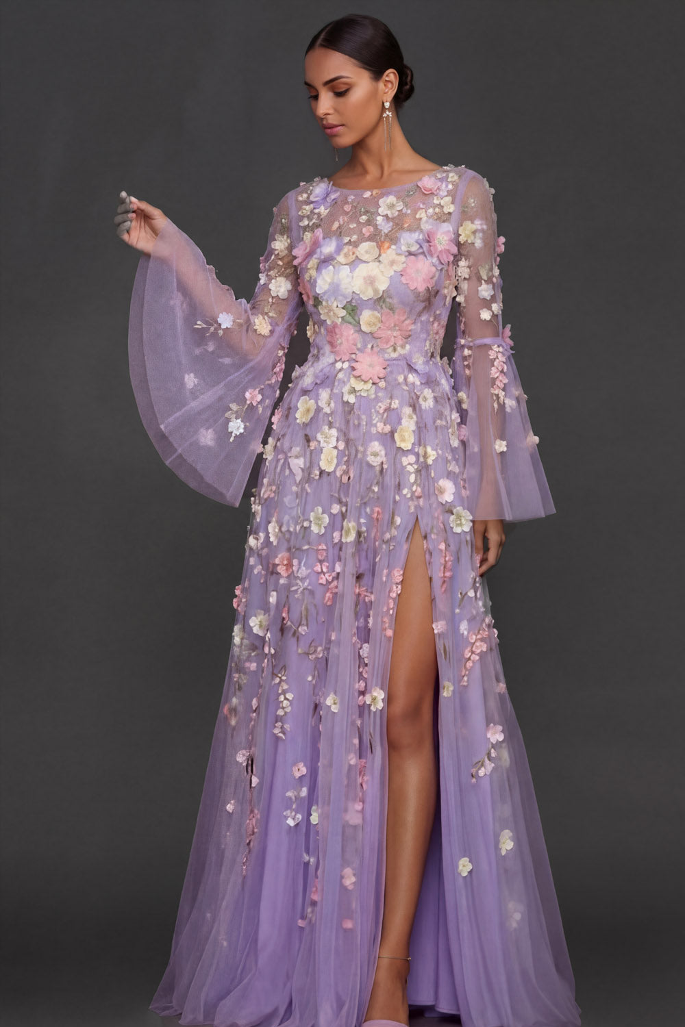 Lilac Floral A Line Appliqued Long Wedding Guest Dress with Slit