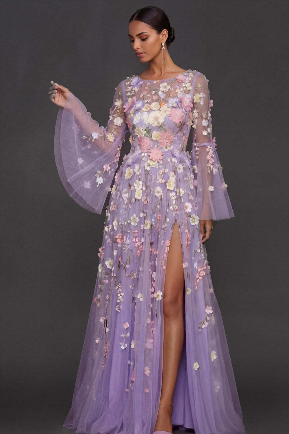 Leely Women Lilac Floral A Line Appliqued Long Wedding Guest Dress with Slit Flutter Sleeves Round Neck Formal Dress