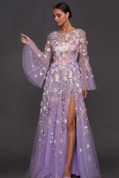 Leely Women Lilac Floral A Line Appliqued Long Wedding Guest Dress with Slit Flutter Sleeves Round Neck Formal Dress