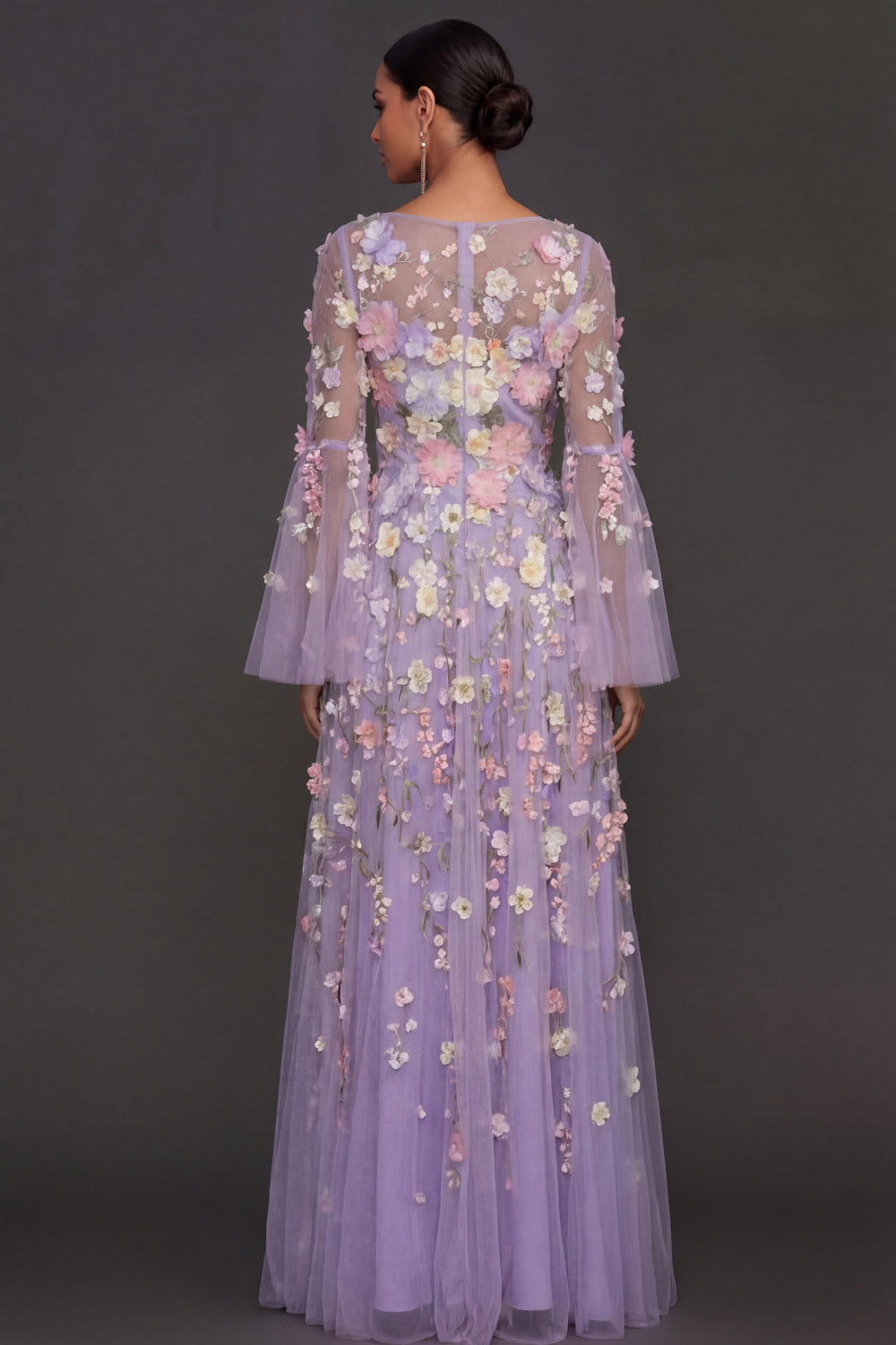 Lilac Floral A Line Appliqued Long Wedding Guest Dress with Slit