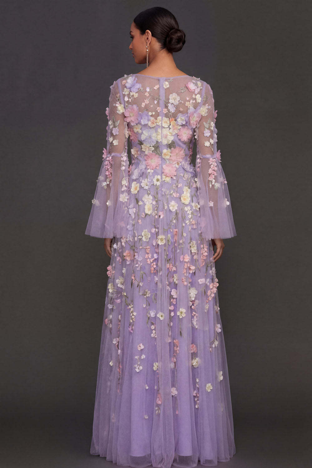 Lilac Floral A Line Appliqued Long Wedding Guest Dress with Slit