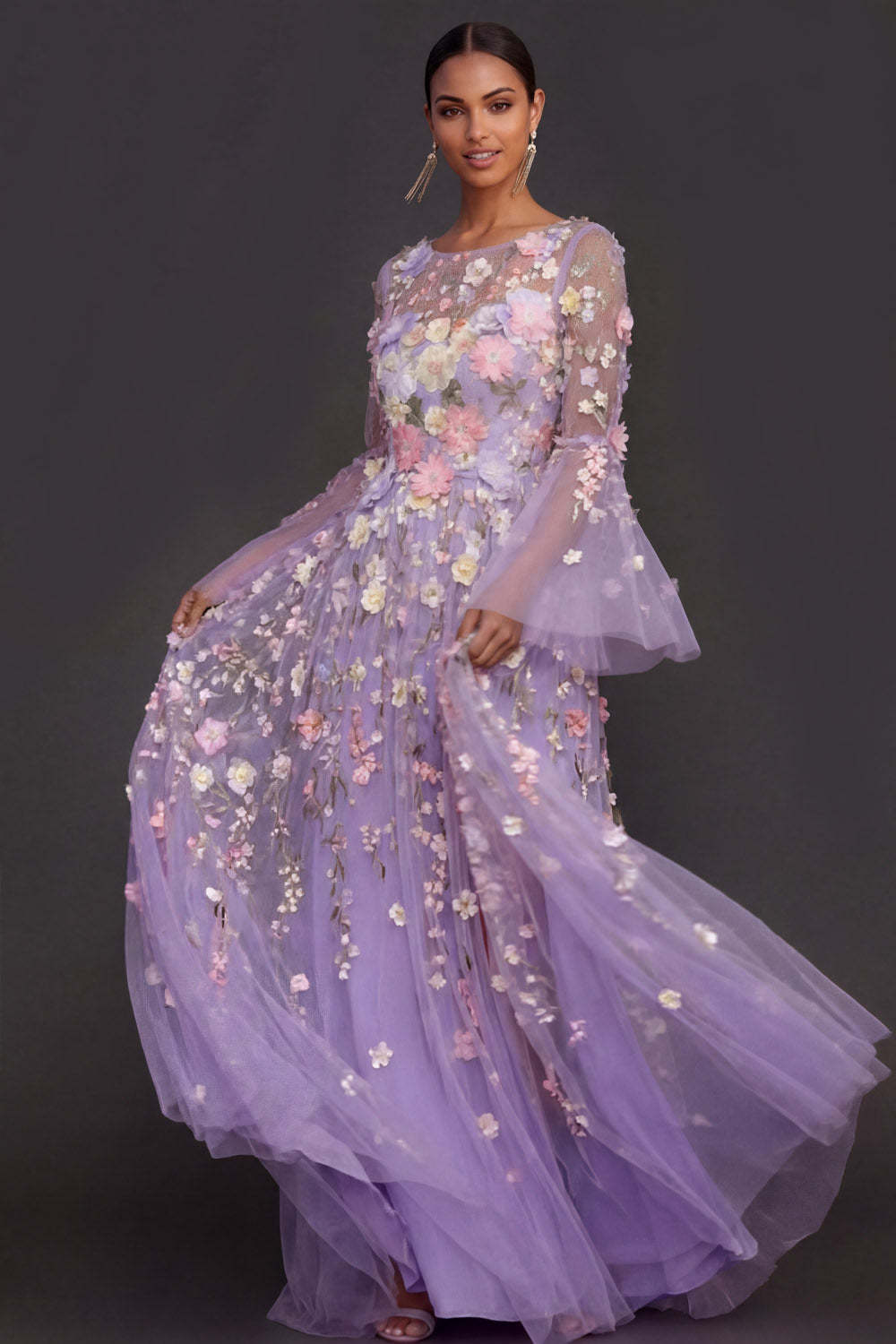 Lilac Floral A Line Appliqued Long Wedding Guest Dress with Slit