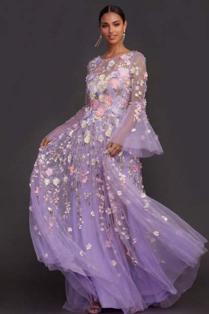 Lilac Floral A Line Appliqued Long Wedding Guest Dress with Slit