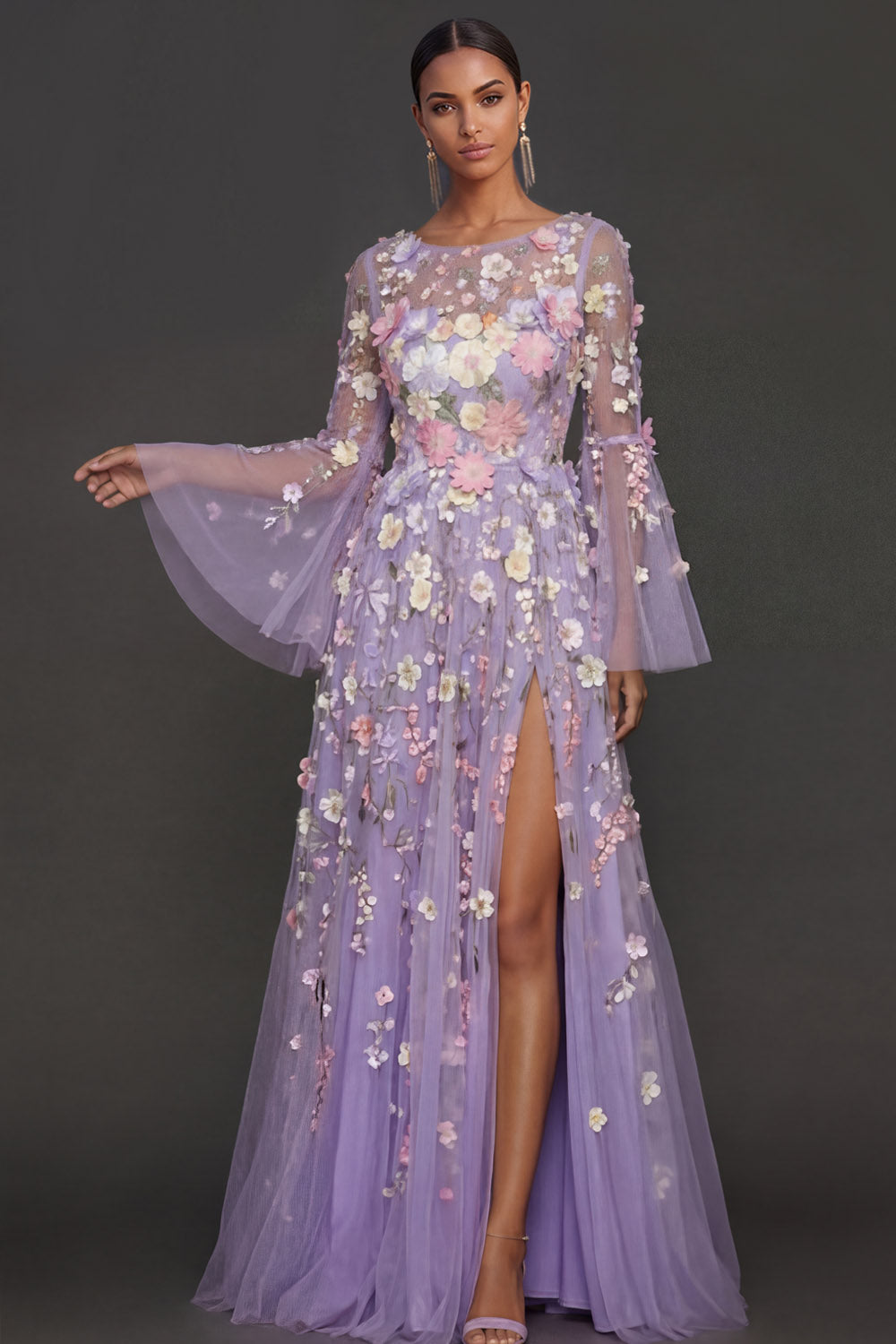 Lilac Floral A Line Appliqued Long Wedding Guest Dress with Slit