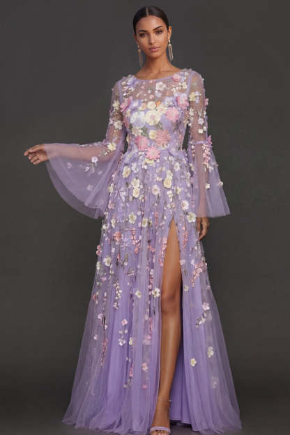 Lilac Floral A Line Appliqued Long Wedding Guest Dress with Slit