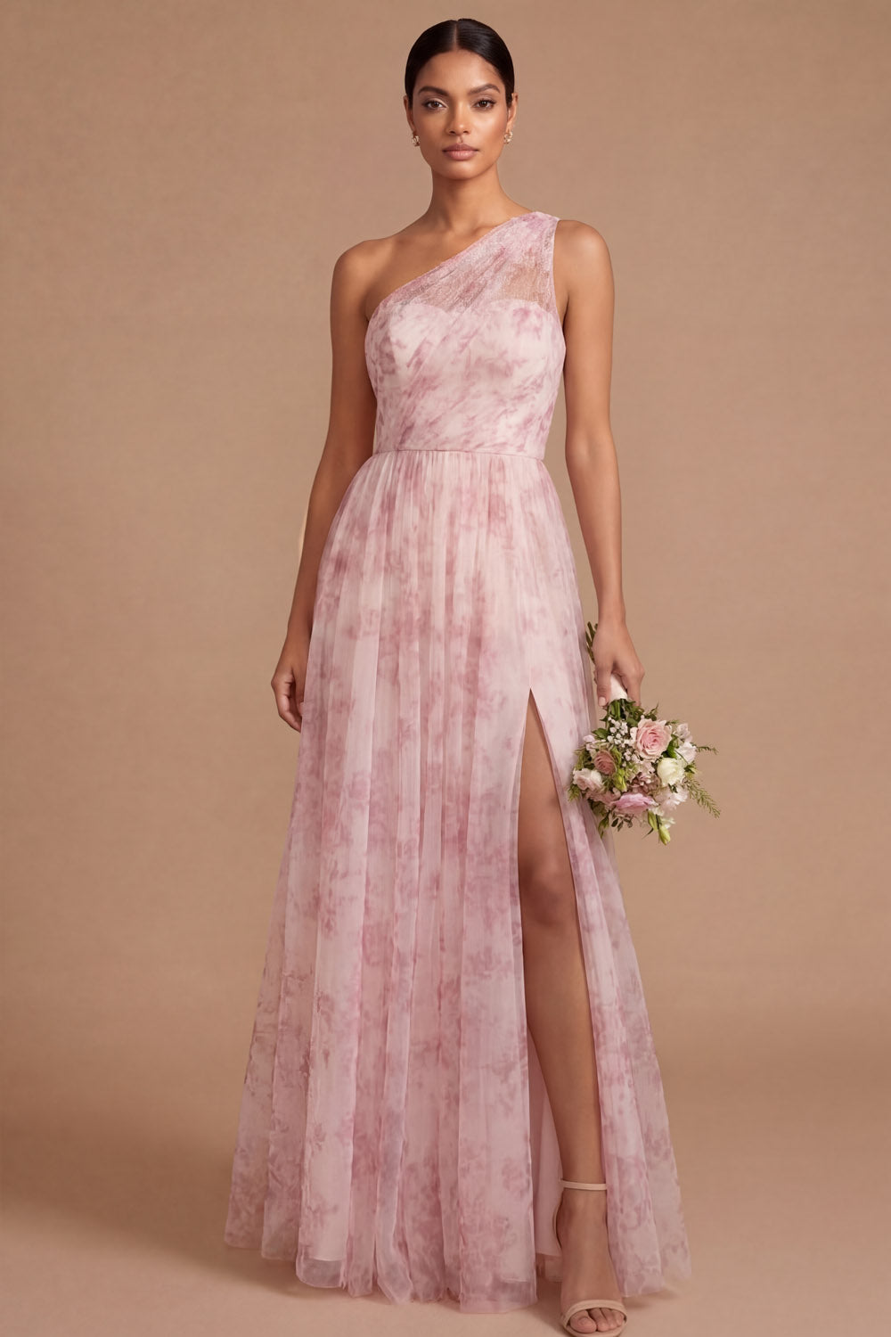 Pink Floral A Line One Shoulder Ruched Long Wedding Guest Dress with Slit