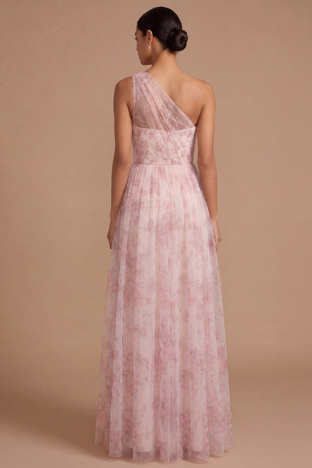 Pink Floral A Line One Shoulder Ruched Long Wedding Guest Dress with Slit
