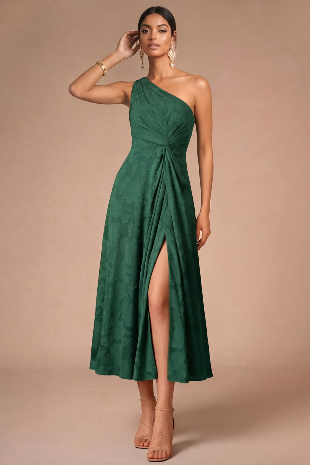 Emerald Green One Shoulder Ruched Backless Midi Formal Dress