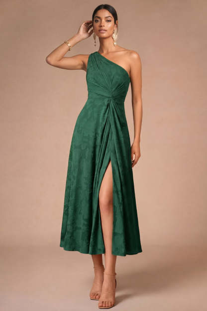Leely Women Emerald Green One Shoulder Ruched Midi Formal Dress with Slit Backless Sleeveless Wedding Guest Dress