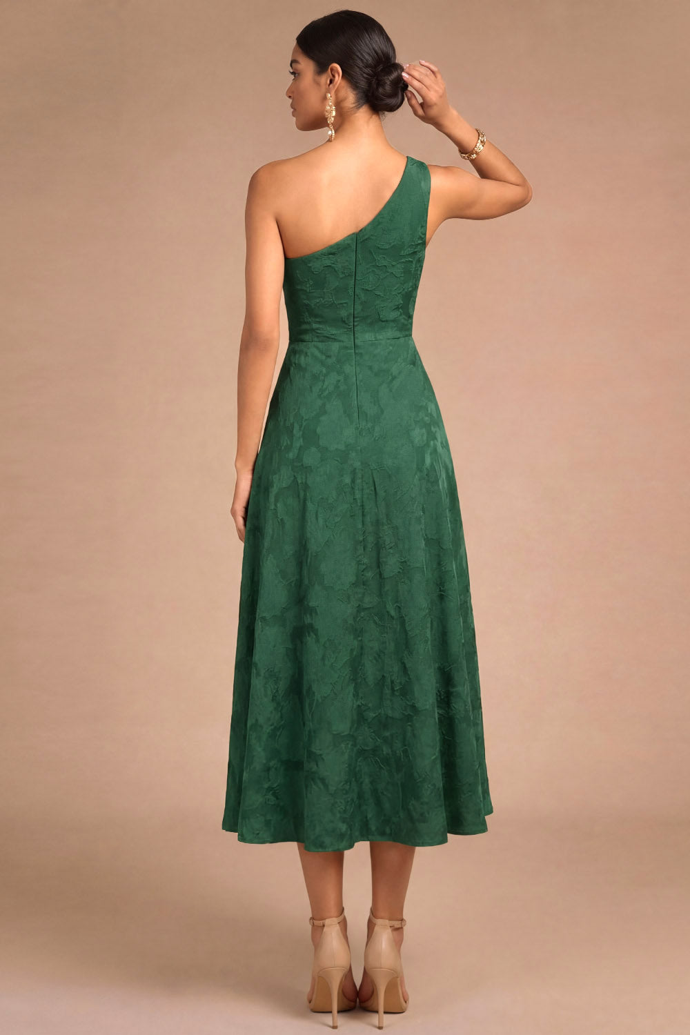 Emerald Green One Shoulder Ruched Backless Midi Formal Dress