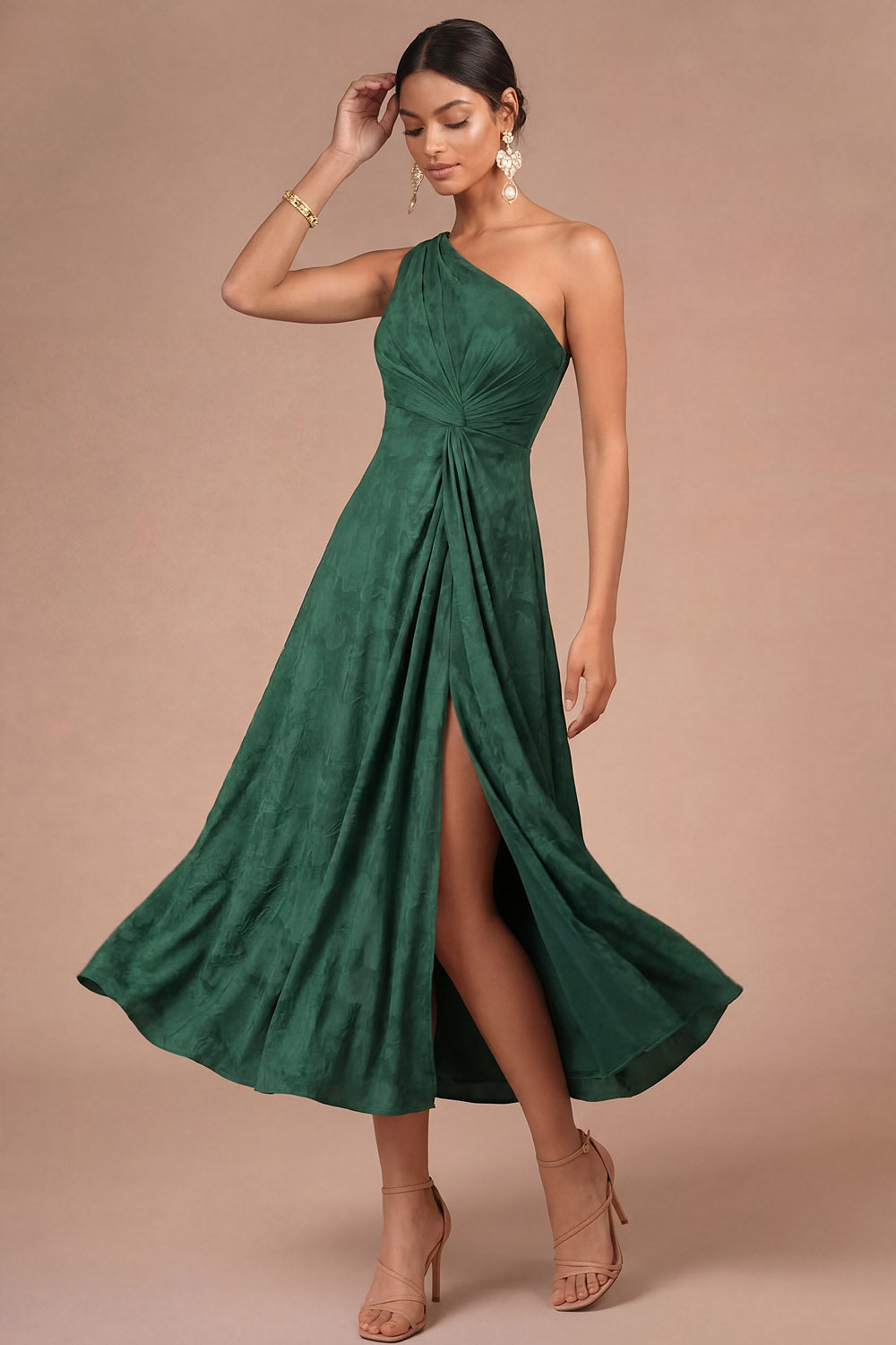 Emerald Green One Shoulder Ruched Backless Midi Formal Dress