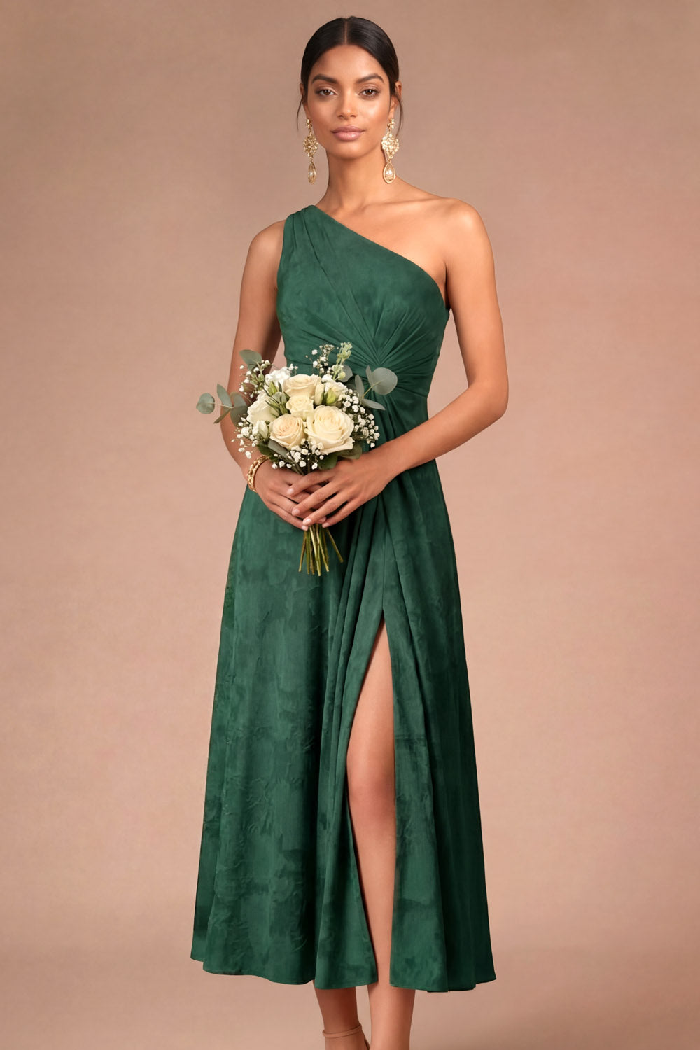 Emerald Green One Shoulder Ruched Backless Midi Formal Dress