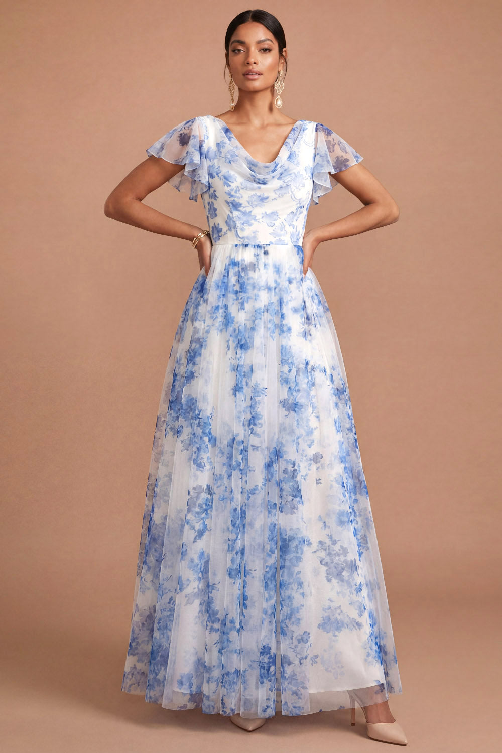 Leely Women Light Blue A Line Floral Short Sleeves Long Formal Dress Cowl Neck Backless Evening Dress