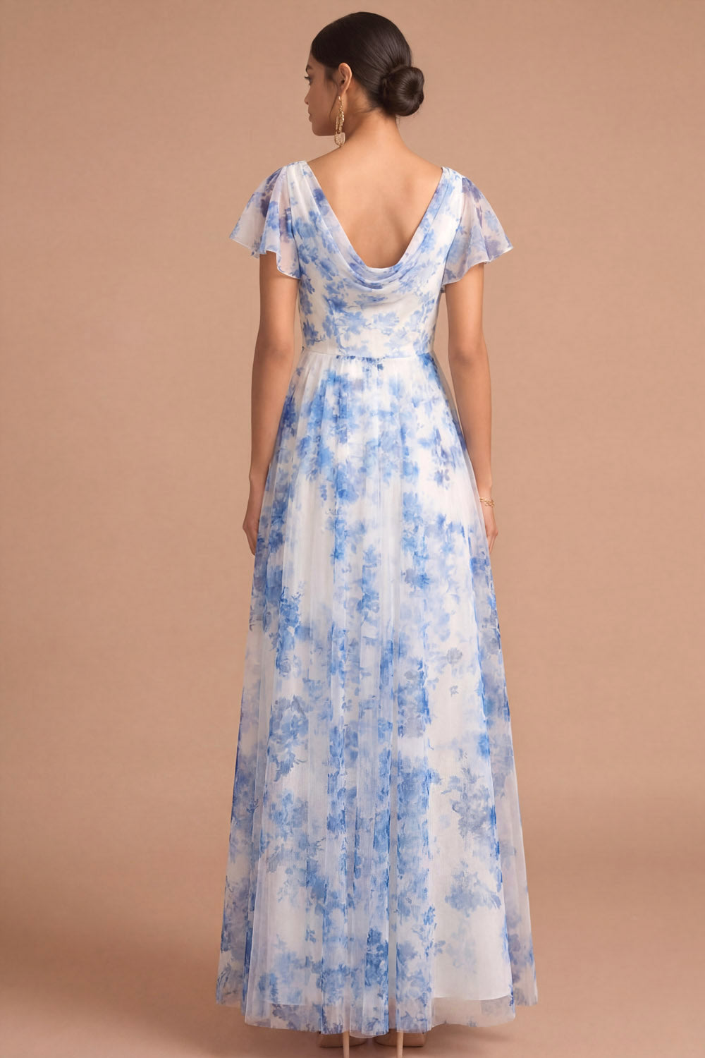 Light Blue A Line Floral Cowl Neck Short Sleeves Long Formal Dress