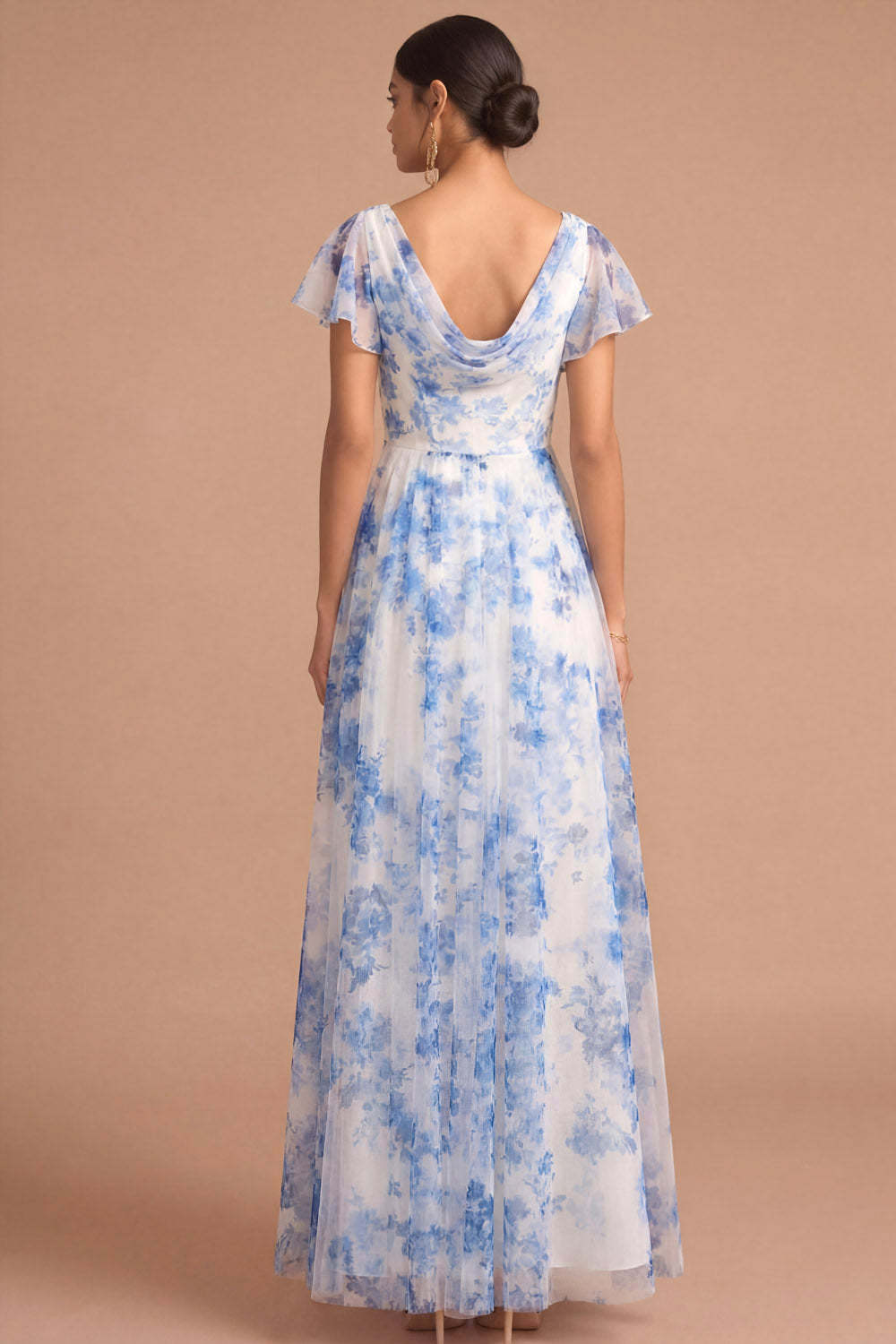 Light Blue A Line Floral Cowl Neck Short Sleeves Long Formal Dress