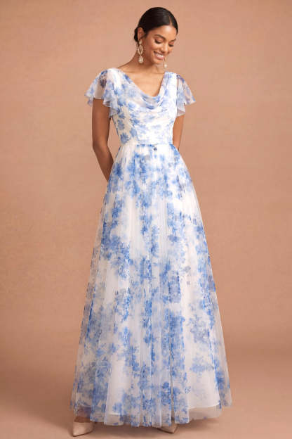 Light Blue A Line Floral Cowl Neck Short Sleeves Long Formal Dress
