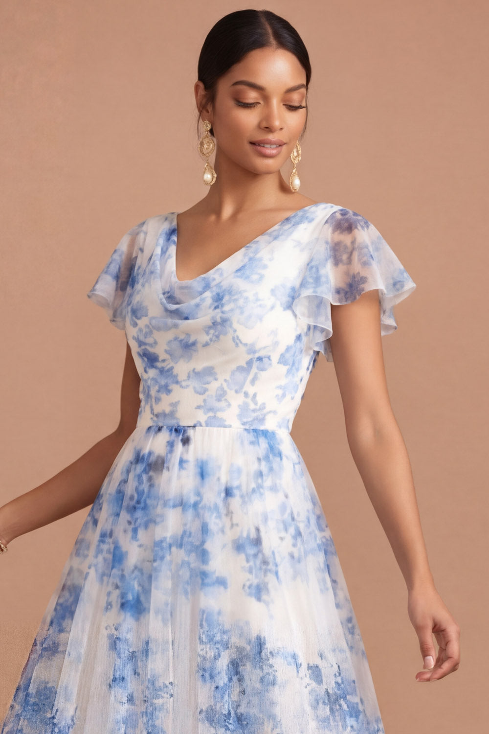 Light Blue A Line Floral Cowl Neck Short Sleeves Long Formal Dress