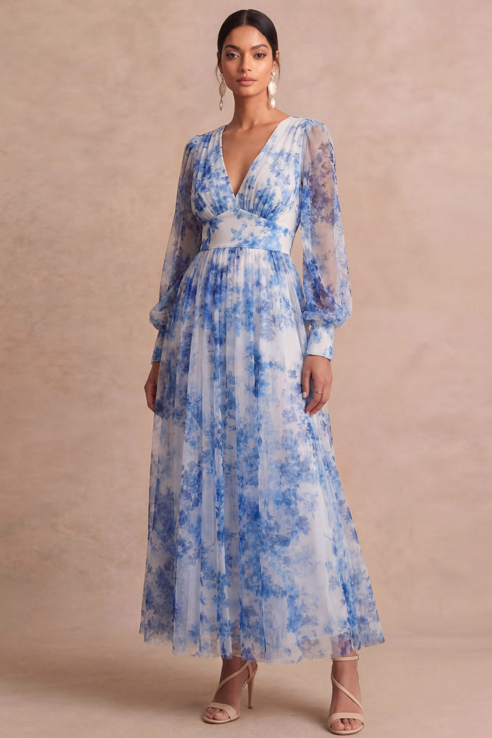Light Blue Floral Long Sleeves V Neck Wedding Guest Dress