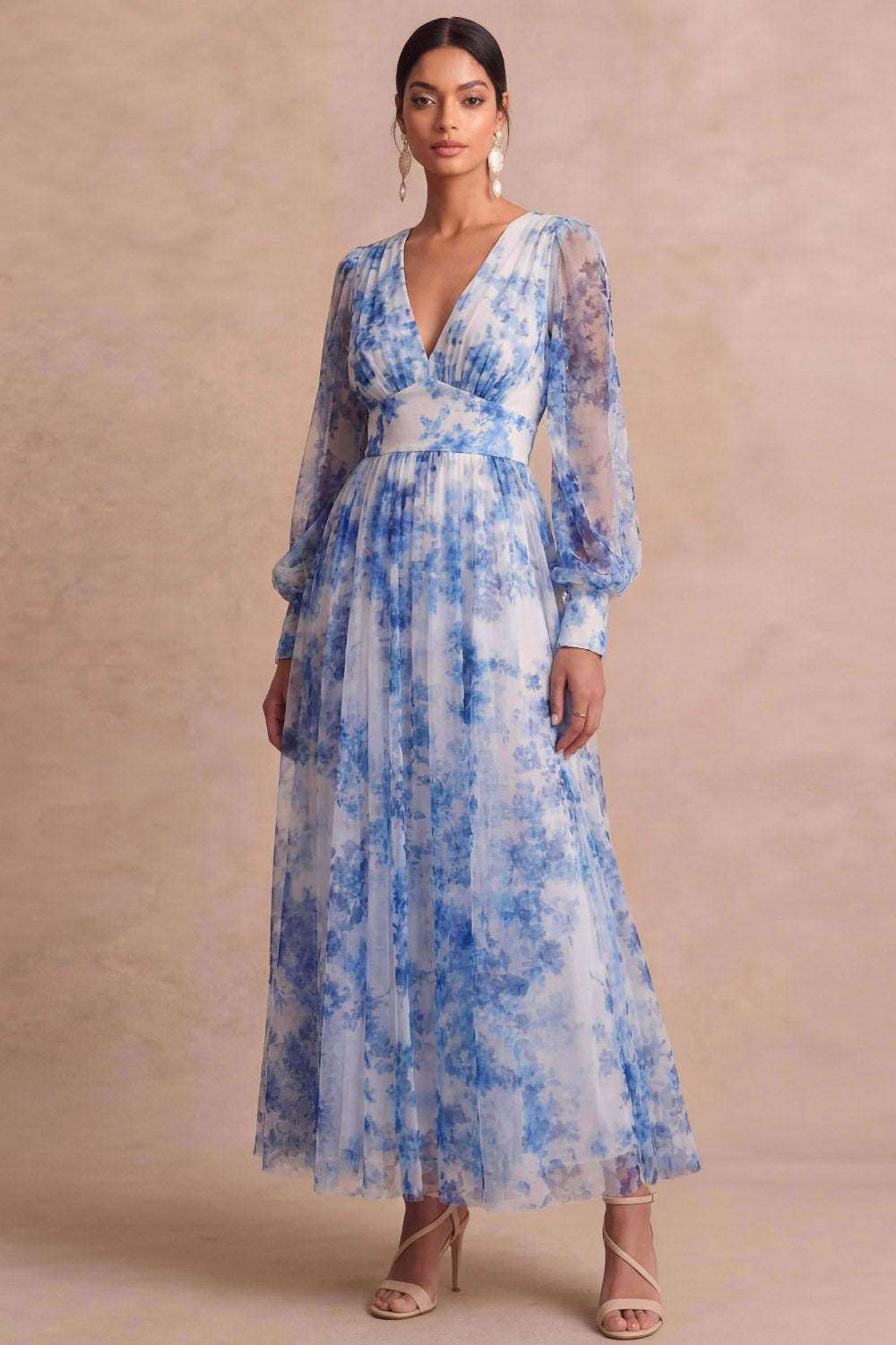 Leely Women Light Blue Floral V Neck Long Wedding Guest Dress Long Sleeves A Line Formal Dress