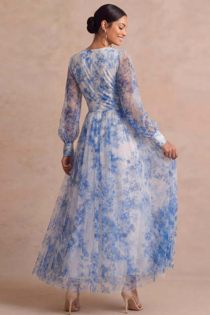 Light Blue Floral Long Sleeves V Neck Wedding Guest Dress