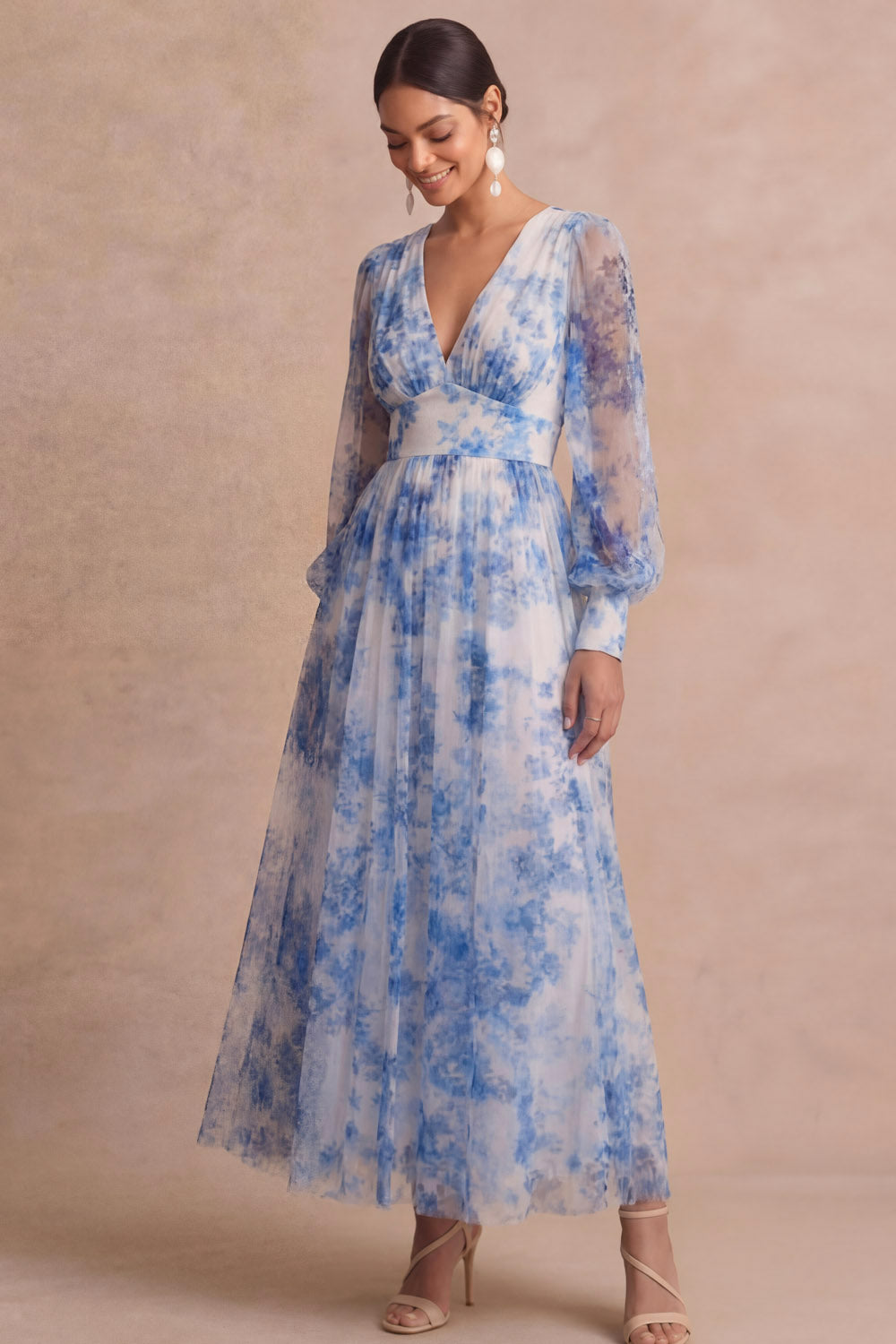 Light Blue Floral Long Sleeves V Neck Wedding Guest Dress