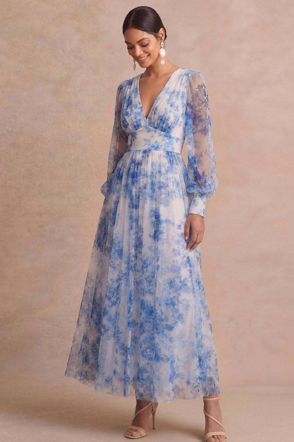 Light Blue Floral Long Sleeves V Neck Wedding Guest Dress