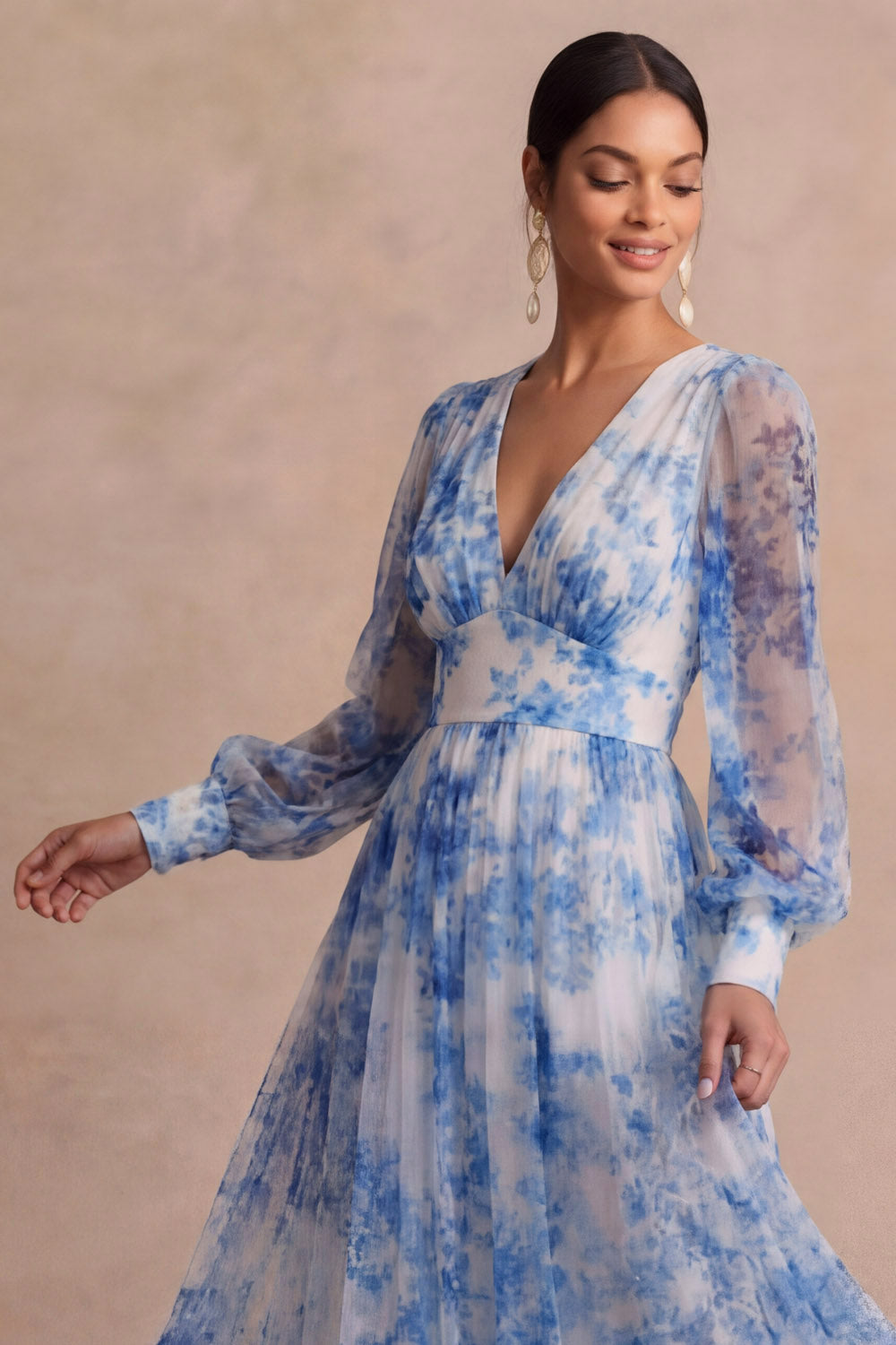 Light Blue Floral Long Sleeves V Neck Wedding Guest Dress