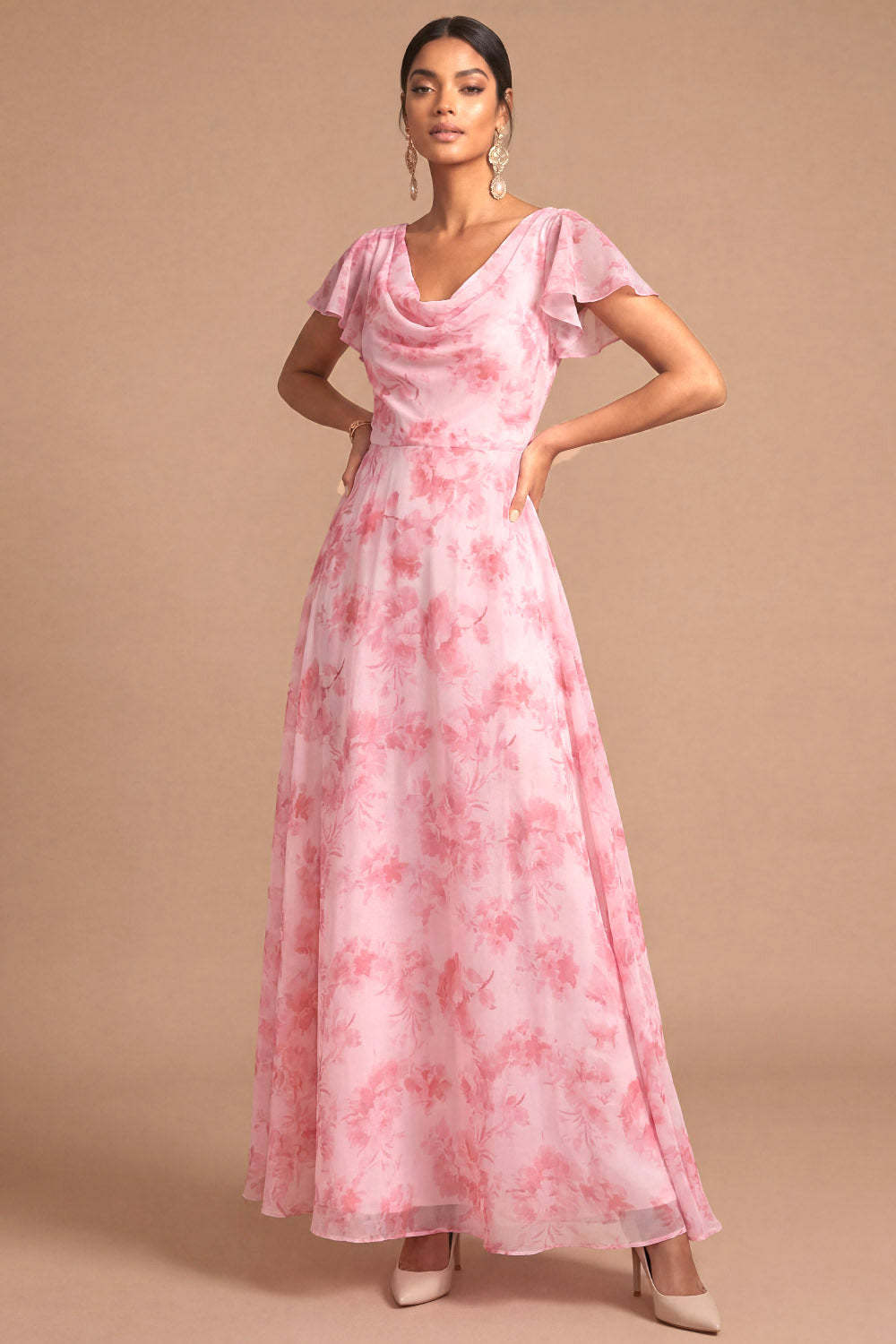 Leely Women Pink Floral A Line Short Sleeves Long Wedding Guest Dress Cowl Neck Backless Garden Party Dress