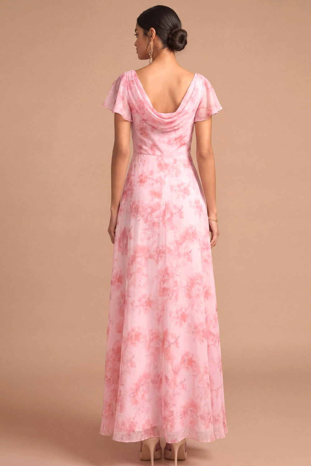 Pink Floral A Line Cowl Neck Short Sleeves Long Wedding Guest Dress