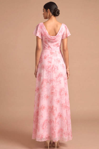 Pink Floral A Line Cowl Neck Short Sleeves Long Wedding Guest Dress