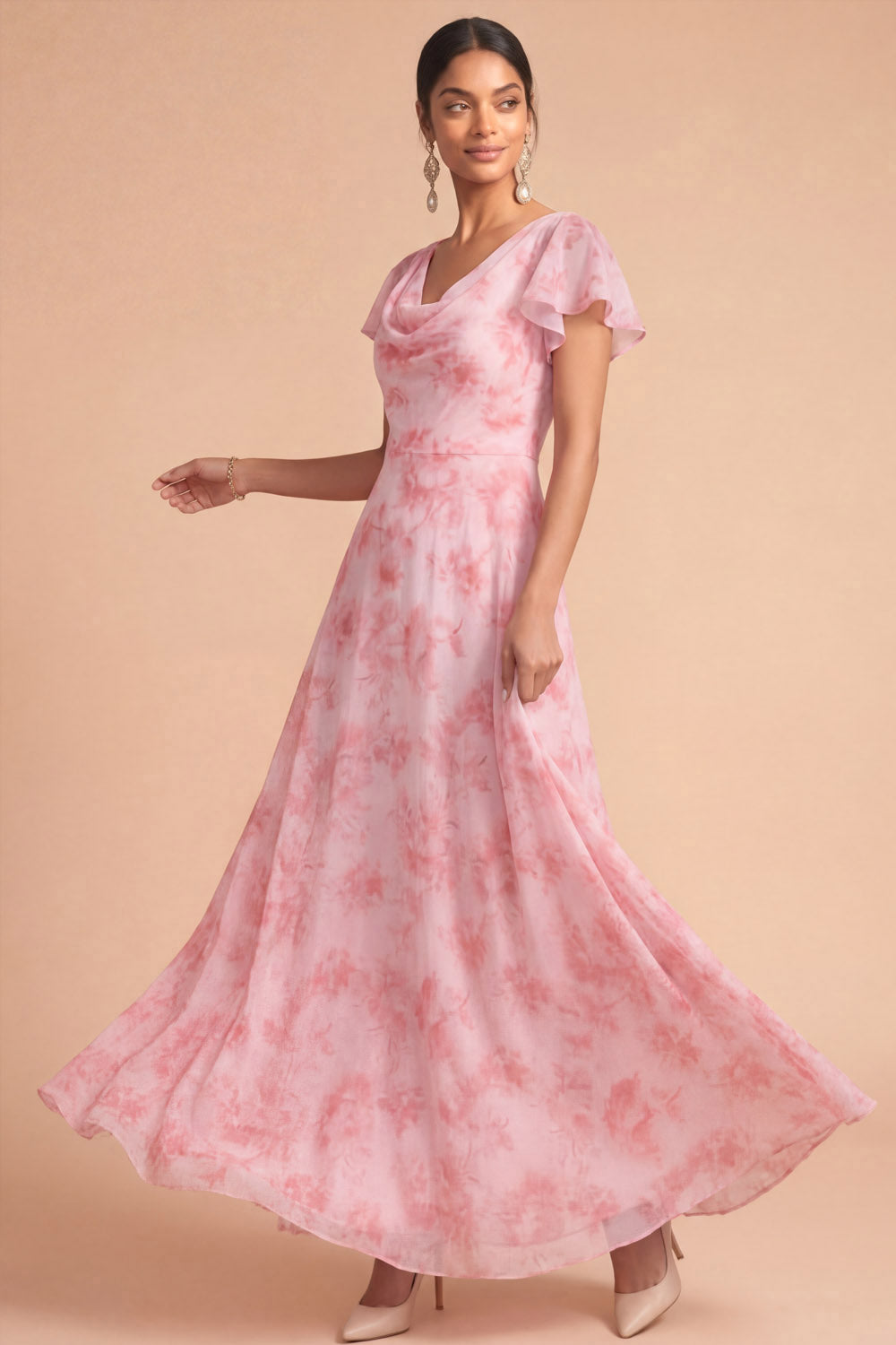 Pink Floral A Line Cowl Neck Short Sleeves Long Wedding Guest Dress