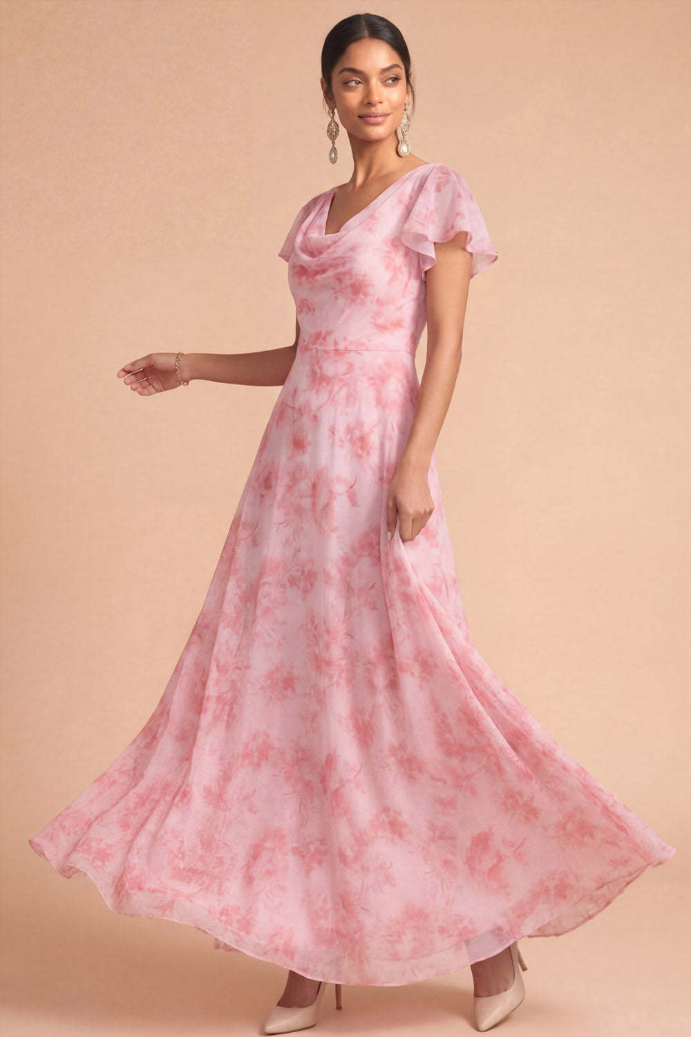 Pink Floral A Line Cowl Neck Short Sleeves Long Wedding Guest Dress