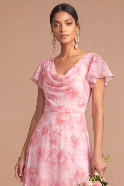 Pink Floral A Line Cowl Neck Short Sleeves Long Wedding Guest Dress