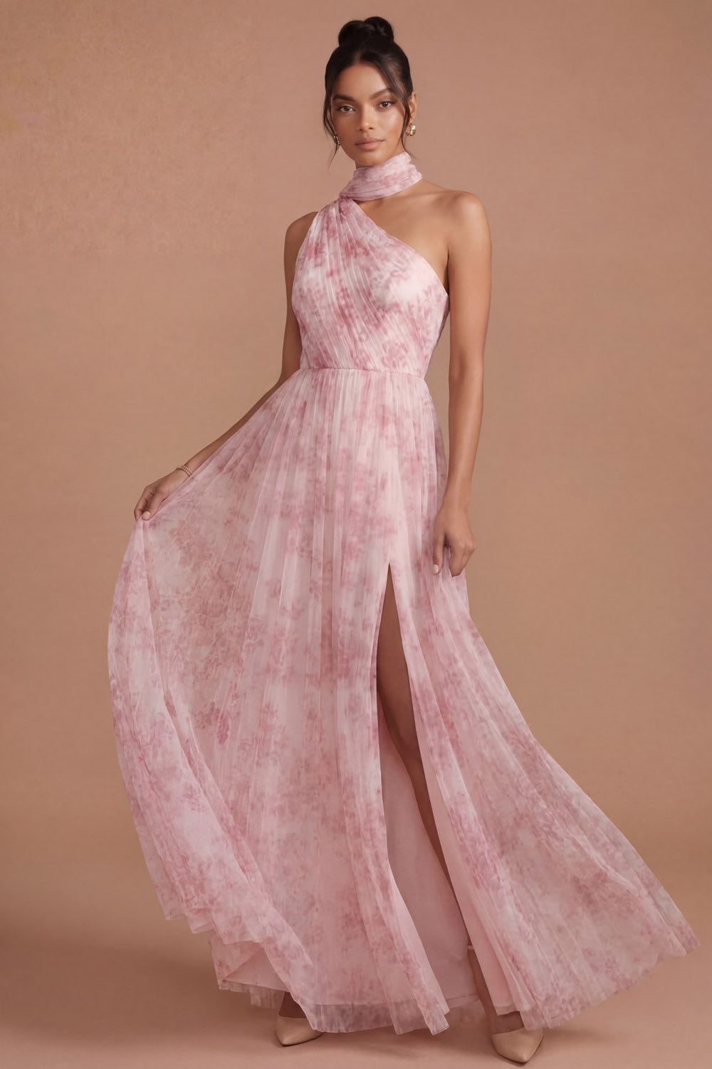 Pink Floral A Line Halter Neck Pleated Long Wedding Guest Dress with Slit