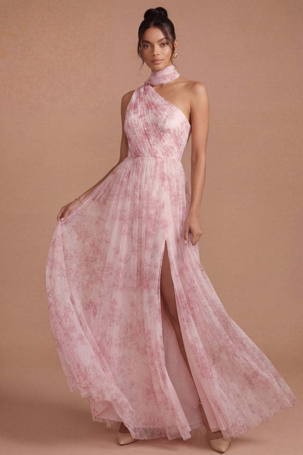 Pink Floral A Line Halter Neck Pleated Long Wedding Guest Dress with Slit