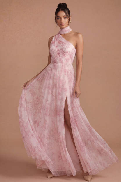 Pink Floral A Line Halter Neck Pleated Long Wedding Guest Dress with Slit