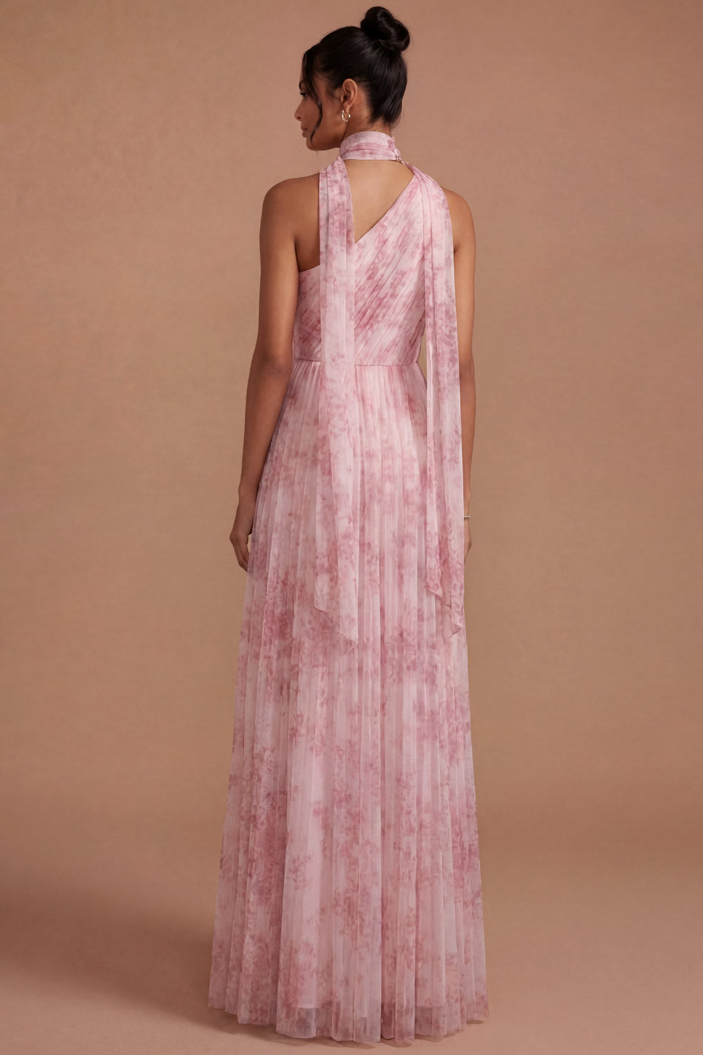 Pink Floral A Line Halter Neck Pleated Long Wedding Guest Dress with Slit