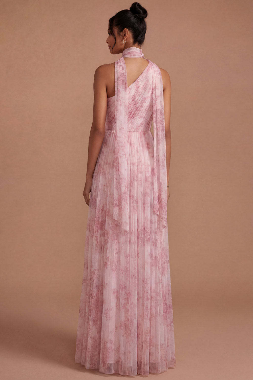 Pink Floral A Line Halter Neck Pleated Long Wedding Guest Dress with Slit