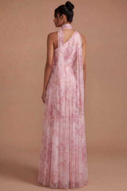 Pink Floral A Line Halter Neck Pleated Long Wedding Guest Dress with Slit