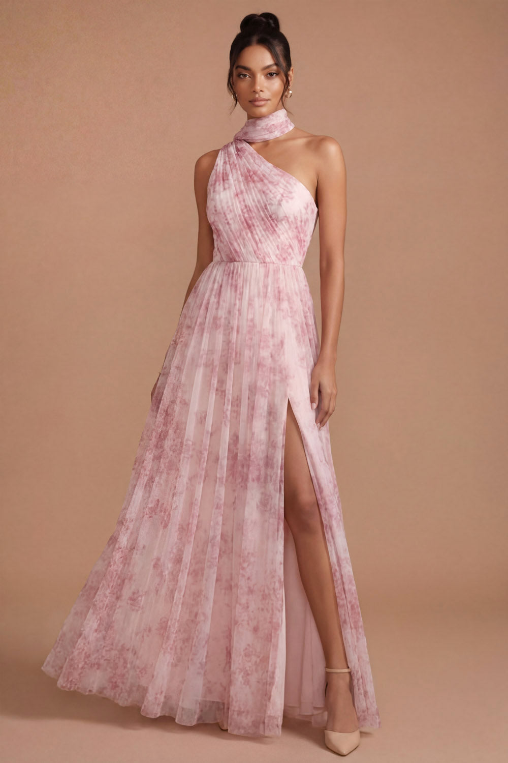 Pink Floral A Line Halter Neck Pleated Long Wedding Guest Dress with Slit
