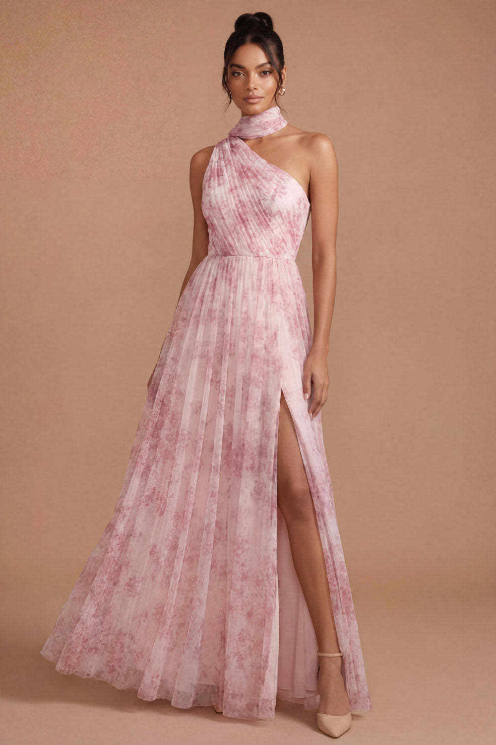 Leely Women Pink Floral A Line Pleated Long Wedding Guest Dress with Slit Halter Neck Backless Sleeveless Evening Dress