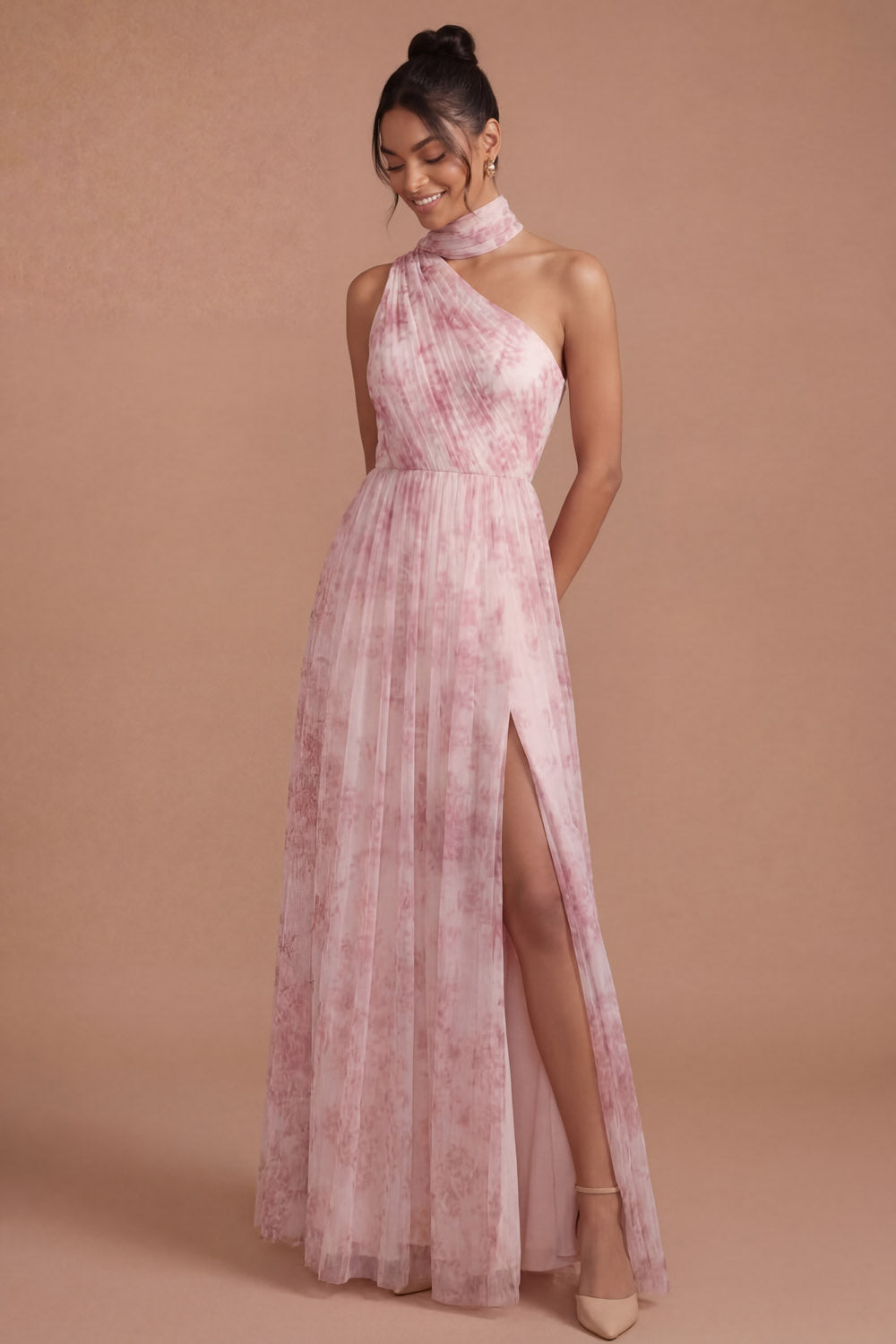 Pink Floral A Line Halter Neck Pleated Long Wedding Guest Dress with Slit