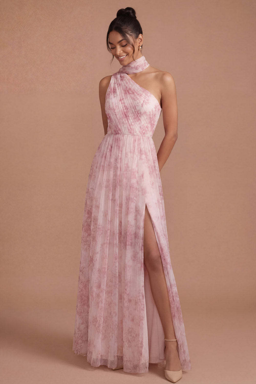 Pink Floral A Line Halter Neck Pleated Long Wedding Guest Dress with Slit