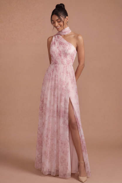 Pink Floral A Line Halter Neck Pleated Long Wedding Guest Dress with Slit