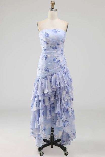 Light Blue Ruffled Tiered A Line Floral Ruched Long Wedding Guest Dress with Slit