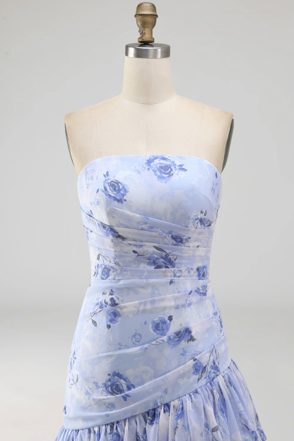 Light Blue Ruffled Tiered A Line Floral Ruched Long Wedding Guest Dress with Slit